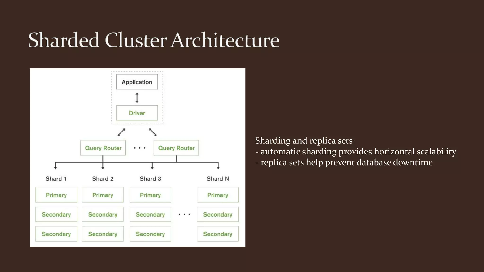 Sharding and replica sets:
- automatic sharding provides horizontal scalability
- replica sets help prevent database downtime
 