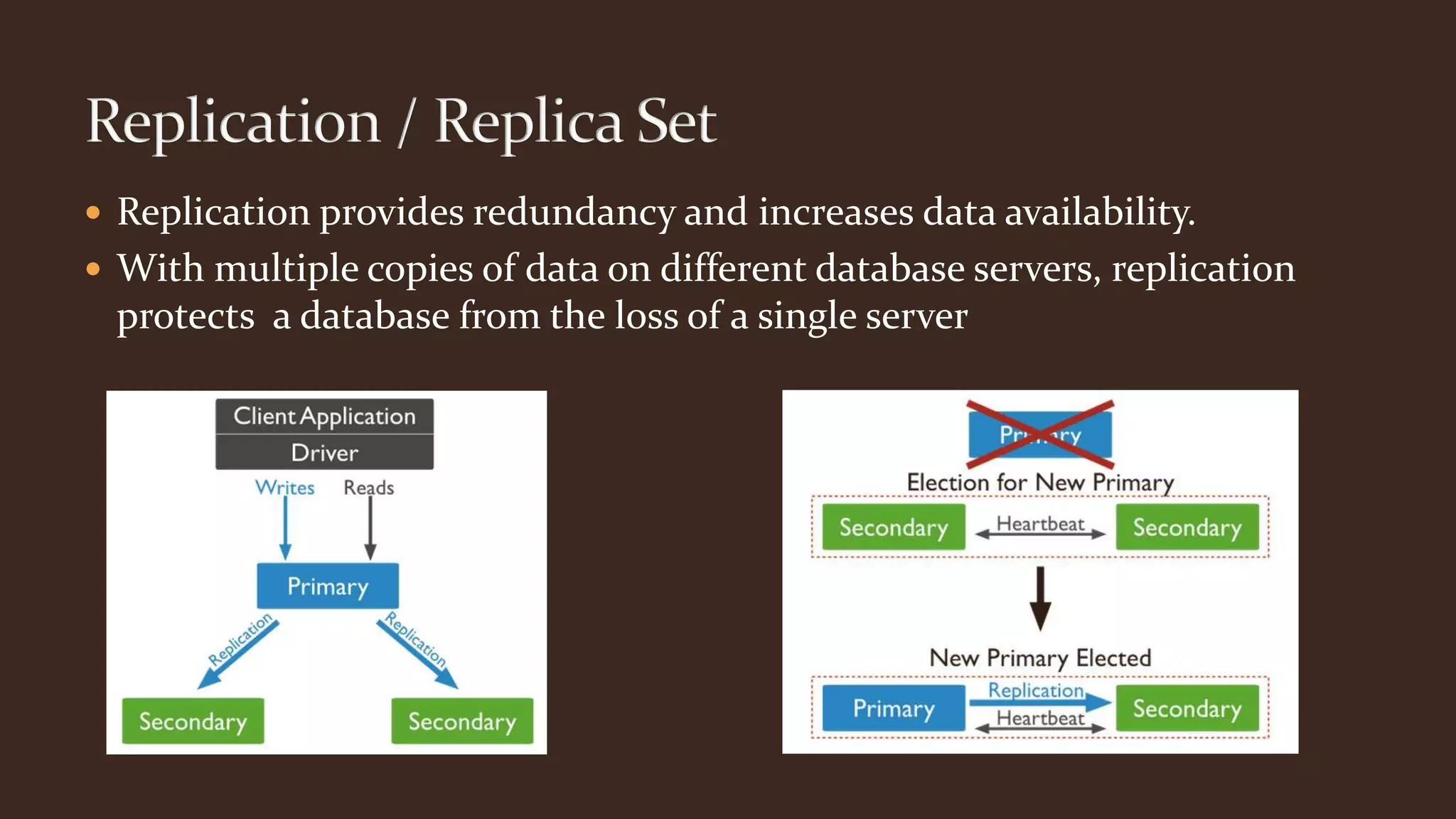  Replication provides redundancy and increases data availability.
 With multiple copies of data on different database servers, replication
protects a database from the loss of a single server
 