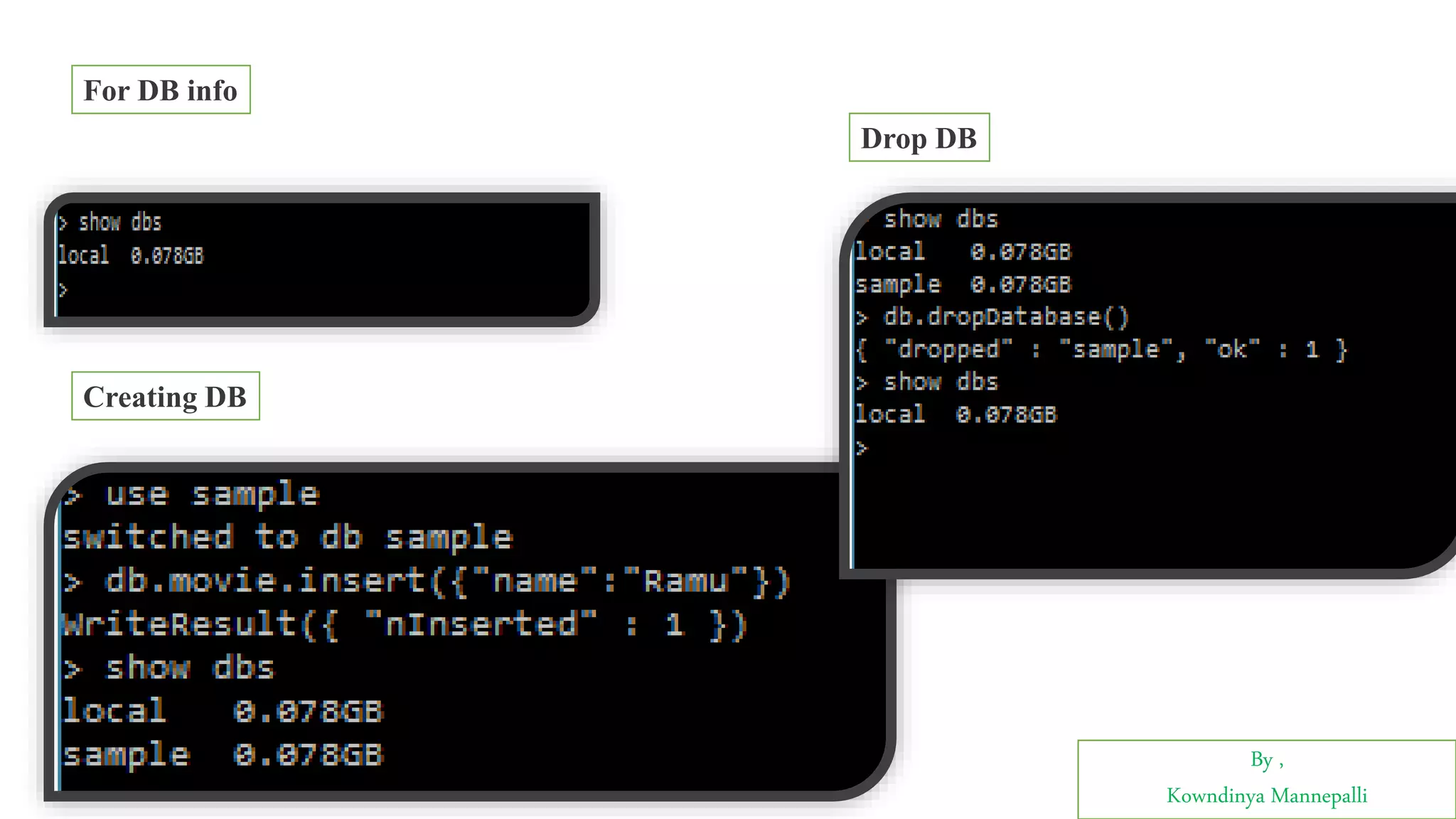 By ,
Kowndinya Mannepalli
For DB info
Creating DB
Drop DB
 