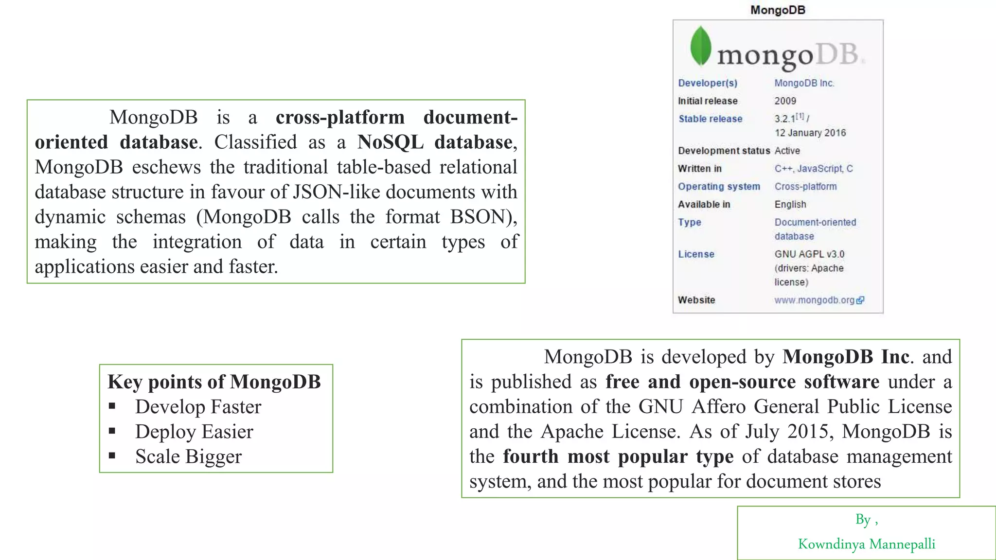 By ,
Kowndinya Mannepalli
MongoDB is a cross-platform document-
oriented database. Classified as a NoSQL database,
MongoDB eschews the traditional table-based relational
database structure in favour of JSON-like documents with
dynamic schemas (MongoDB calls the format BSON),
making the integration of data in certain types of
applications easier and faster.
MongoDB is developed by MongoDB Inc. and
is published as free and open-source software under a
combination of the GNU Affero General Public License
and the Apache License. As of July 2015, MongoDB is
the fourth most popular type of database management
system, and the most popular for document stores
Key points of MongoDB
 Develop Faster
 Deploy Easier
 Scale Bigger
 