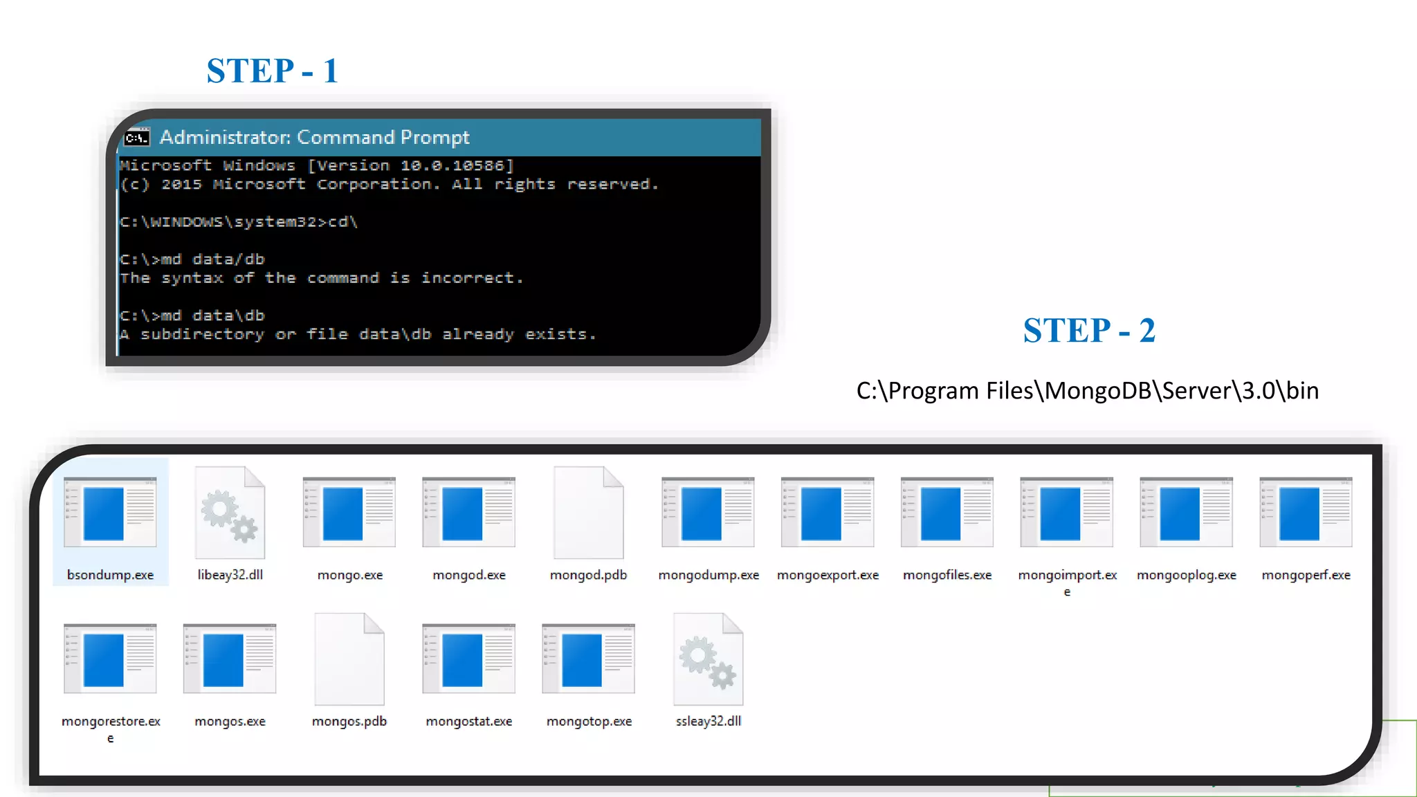By ,
Kowndinya Mannepalli
STEP - 1
C:Program FilesMongoDBServer3.0bin
STEP - 2
 