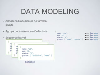 DATA MODELING
• Armazena Documentos no formato
BSON
• Agrupa documentos em Collections
• Esquema flexível
 