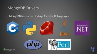 MongoDB Drivers
• MongoDB has native bindings for over 12 languages
 