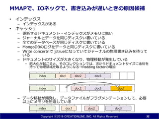Copyright ⓒ2016 CREATIONLINE, INC. All Rights Reserved
MMAPで、IOネックで、書き込みが遅いときの原因候補
• インデックス
– インデックスがある
• キャッシュ
– 更新するドキュメント・インデックスがメモリに無い
– ジャーナルとデータを同じディスクい書いている
– 全てのデータベースが同じディスクに書いている
– MongoDBのログをデータと同じディスクに書いている
– Write concertnで j:trueになっていてジャーナルの物理書き込みを待って
いる
– ドキュメントのサイズが大きくなり、物理移動が発生している
• 肥大化が起こると、そのコレクションでは、次からドキュメントサイズに余裕を
持って物理領域を取るようになる→Padding factorの増加
– データ移動が頻発し、データファイルがフラグメンテーションして、必要
以上にメモリを利用しなくてはならない
32
doc1 doc3index doc2
doc3index doc2 doc1'
doc1index doc2 doc3
 