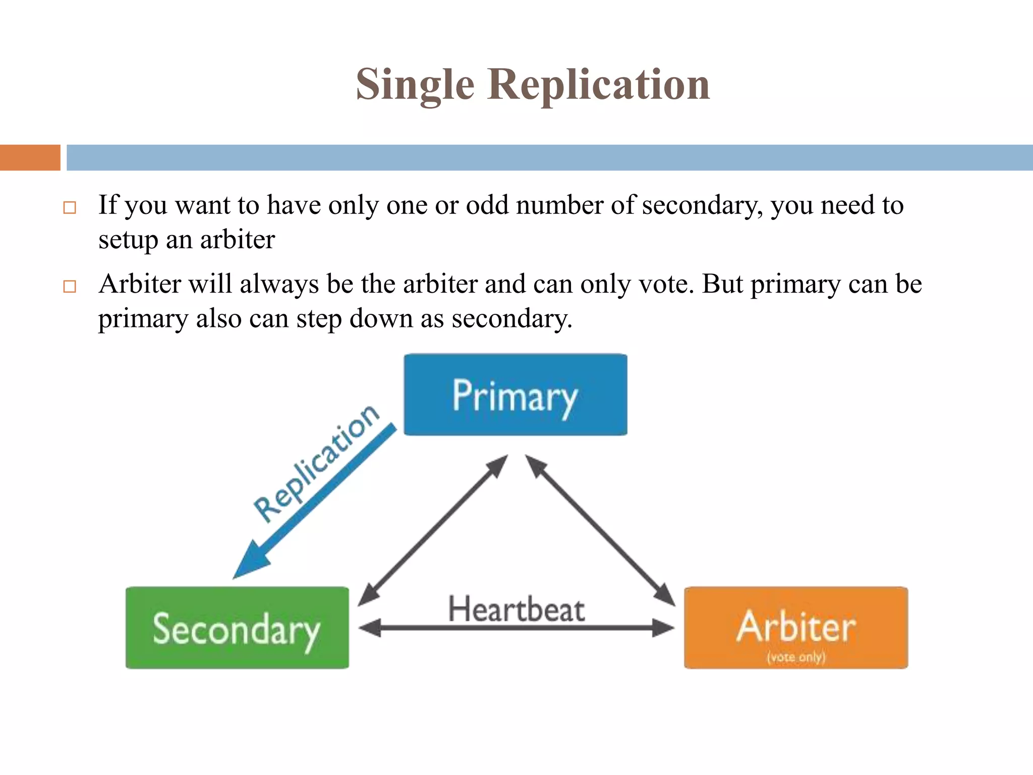 Single Replication
 If you want to have only one or odd number of secondary, you need to
setup an arbiter
 Arbiter will always be the arbiter and can only vote. But primary can be
primary also can step down as secondary.
 