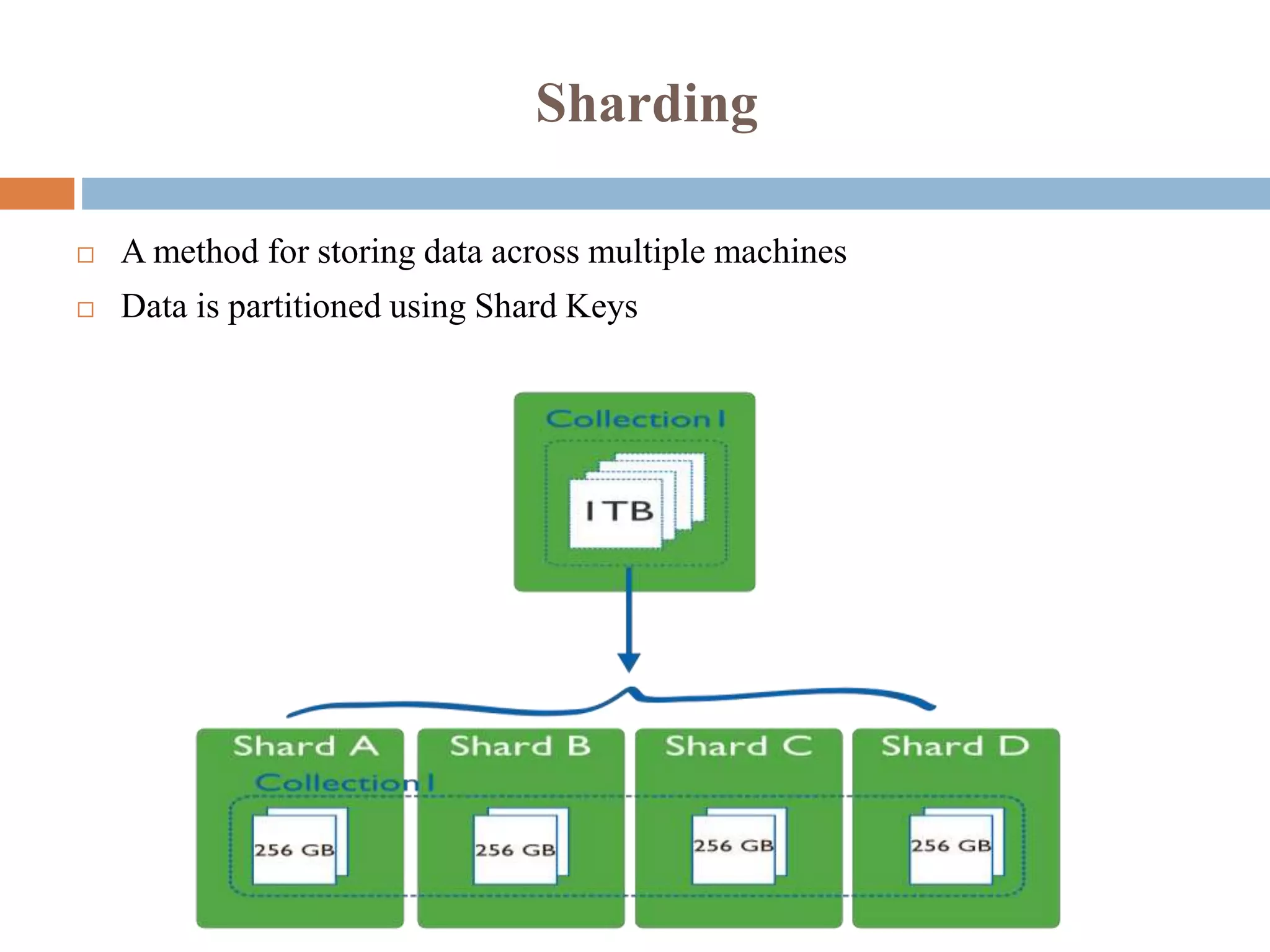 Sharding
 A method for storing data across multiple machines
 Data is partitioned using Shard Keys
 