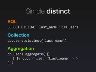 SELECT DISTINCT last_name FROM users
db.users.distinct('last_name')
SQL
Collection
db.users.aggregate( [
{ $group: { _id: '$last_name' } }
] )
Aggregation
Simple distinct
 