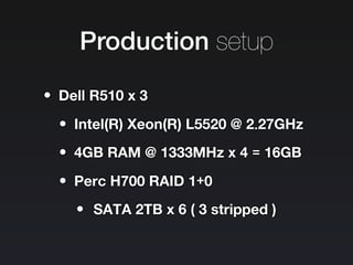 Production setup
•Dell R510 x 3
•Intel(R) Xeon(R) L5520 @ 2.27GHz
•4GB RAM @ 1333MHz x 4 = 16GB
•Perc H700 RAID 1+0
•SATA 2TB x 6 ( 3 stripped )
 