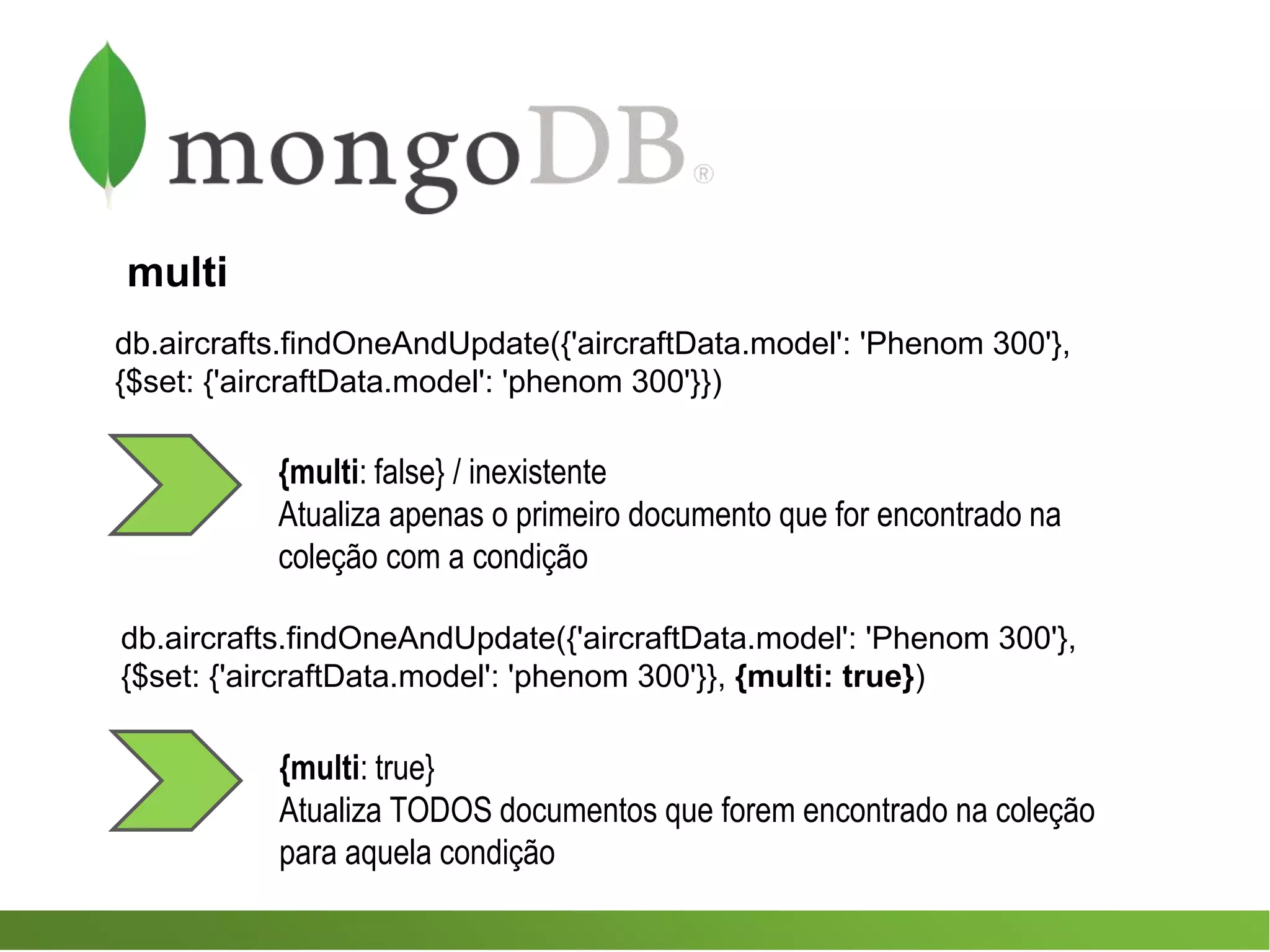 {multi: true}
Atualiza TODOS documentos que forem encontrado na coleção
para aquela condição
db.aircrafts.findOneAndUpdate({'aircraftData.model': 'Phenom 300'},
{$set: {'aircraftData.model': 'phenom 300'}})
{multi: false} / inexistente
Atualiza apenas o primeiro documento que for encontrado na
coleção com a condição
multi
db.aircrafts.findOneAndUpdate({'aircraftData.model': 'Phenom 300'},
{$set: {'aircraftData.model': 'phenom 300'}}, {multi: true})
 