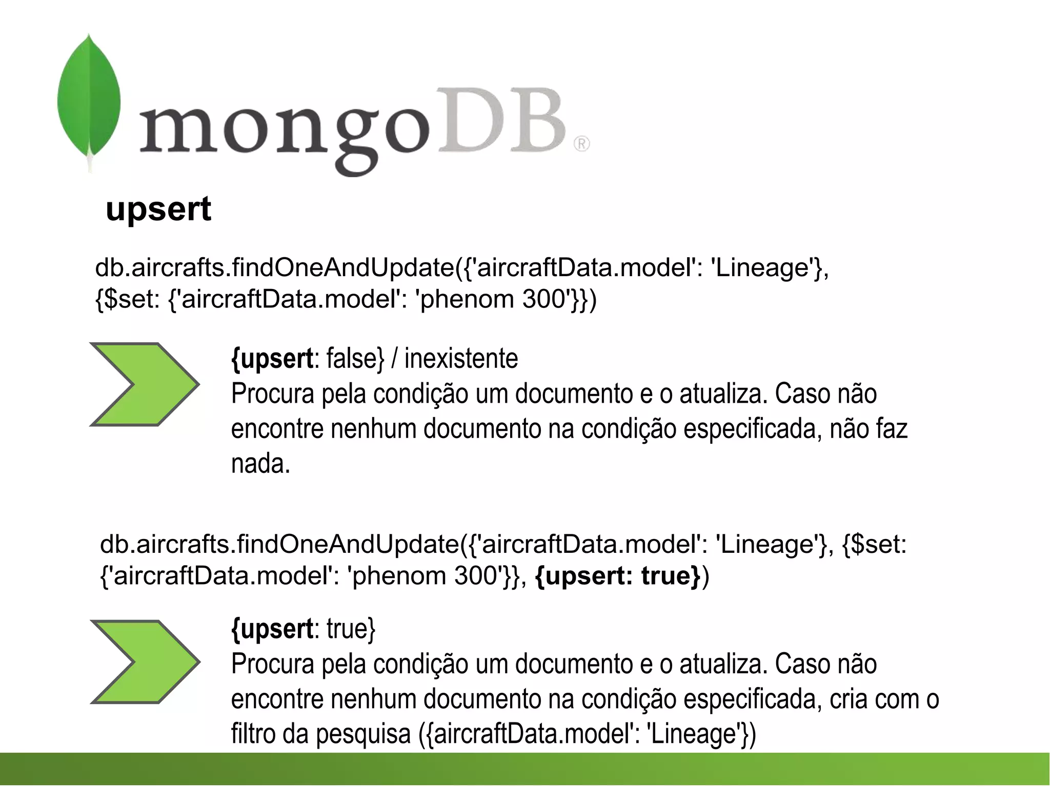 {upsert: true}
Procura pela condição um documento e o atualiza. Caso não
encontre nenhum documento na condição especificada, cria com o
filtro da pesquisa ({aircraftData.model': 'Lineage'})
db.aircrafts.findOneAndUpdate({'aircraftData.model': 'Lineage'},
{$set: {'aircraftData.model': 'phenom 300'}})
{upsert: false} / inexistente
Procura pela condição um documento e o atualiza. Caso não
encontre nenhum documento na condição especificada, não faz
nada.
upsert
db.aircrafts.findOneAndUpdate({'aircraftData.model': 'Lineage'}, {$set:
{'aircraftData.model': 'phenom 300'}}, {upsert: true})
 