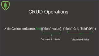 CRUD Operations
> db.CollectionName.find({“field”:value}, {“field”:0/1, “field”:0/1})
Document criteria Visualized fields
 