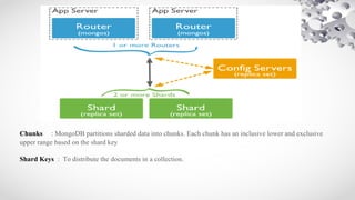 Chunks : MongoDB partitions sharded data into chunks. Each chunk has an inclusive lower and exclusive
upper range based on the shard key
Shard Keys : To distribute the documents in a collection.
 