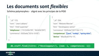 {
"_id": 284,
"nom": "Melanie Mercier"
"titre": "Developpeur senior"
"commence": ISODate("2017-06-11")
"competences": ["java", "nodejs", "spring data"],
"device": "MacBook Pro 15",
...
}
Les documents sont flexibles
{
"_id": 123,
"nom": "Jean Leblanc"
"titre": "Chef superstar"
"telephones": [ "0123456789", "063456789"]
"commence": ISODate("2016-10-05")
…
}
Schéma polymorphes - aligné avec les principes de la POO
db.staff.find({titre: /^Developpeur/}, {nom: 1, competences: 1})
 