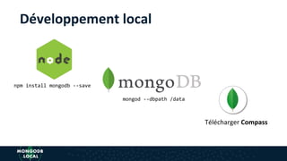 Développement local
npm install mongodb --save
mongod --dbpath /data
Télécharger Compass
 