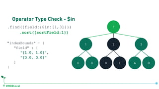 #MDBLocal
Operator Type Check - $in
.find({field:{$in:[1,3]}})
.sort({sortField:1})
"indexBounds" : {
"field" : [
"[1.0, 1.0]",
"[3.0, 3.0]"
]
}
?
1 2 3
C G B F A D
db.coll.createIndex({field:1, sortField:1})
 