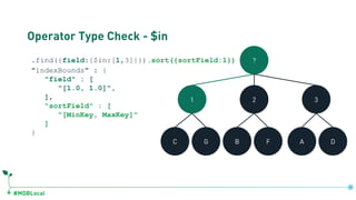 #MDBLocal
Operator Type Check - $in
.find({field:{$in:[1,3]}}).sort({sortField:1})
"indexBounds" : {
"field" : [
"[1.0, 1.0]",
],
"sortField" : [
"[MinKey, MaxKey]"
]
}
?
1 2 3
C G B F A D
db.coll.createIndex({field:1, sortField:1})
 