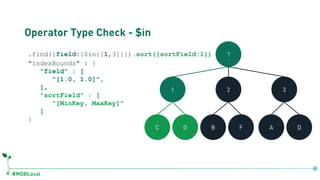 #MDBLocal
Operator Type Check - $in
.find({field:{$in:[1,3]}}).sort({sortField:1})
"indexBounds" : {
"field" : [
"[1.0, 1.0]",
],
"sortField" : [
"[MinKey, MaxKey]"
]
}
?
1 2 3
C G B F A D
db.coll.createIndex({field:1, sortField:1})
 
