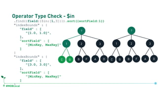 #MDBLocal
Operator Type Check - $in
.find({field:{$in:[1,3]}}).sort({sortField:1})
"indexBounds" : {
"field" : [
"[1.0, 1.0]",
],
"sortField" : [
"[MinKey, MaxKey]"
]
}
"indexBounds" : {
"field" : [
"[3.0, 3.0]",
],
"sortField" : [
"[MinKey, MaxKey]"
]
}
?
1 2 3
C G B F A D
?
1 2 3
C G B F A D
db.coll.createIndex({field:1, sortField:1})
 