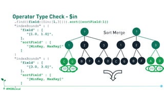 #MDBLocal
Operator Type Check - $in
.find({field:{$in:[1,3]}}).sort({sortField:1})
"indexBounds" : {
"field" : [
"[1.0, 1.0]",
],
"sortField" : [
"[MinKey, MaxKey]"
]
}
"indexBounds" : {
"field" : [
"[3.0, 3.0]",
],
"sortField" : [
"[MinKey, MaxKey]"
]
}
?
1 2 3
C G B F A D
?
1 2 3
C G B F A D
{2} {4} {1} {3}
Sort Merge
db.coll.createIndex({field:1, sortField:1})
 