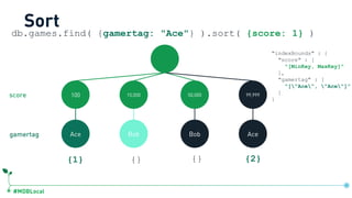 #MDBLocal
Sort
100 15,000 50,000 99,999
Ace Bob Bob Ace
{1} {} {} {2}
db.games.find( {gamertag: "Ace"} ).sort( {score: 1} )
gamertag
score
"indexBounds" : {
"score" : [
"[MinKey, MaxKey]"
],
"gamertag" : [
"["Ace", "Ace"]”
]
}
db.games.createIndex({score:1, gamertag:1})
 