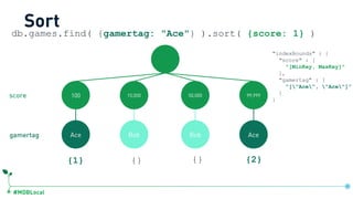 #MDBLocal
Sort
100 15,000 50,000 99,999
Ace Bob Bob Ace
{1} {} {} {2}
db.games.find( {gamertag: "Ace"} ).sort( {score: 1} )
gamertag
score
"indexBounds" : {
"score" : [
"[MinKey, MaxKey]"
],
"gamertag" : [
"["Ace", "Ace"]”
]
}
db.games.createIndex({score:1, gamertag:1})
 