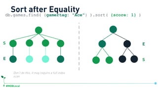 #MDBLocal
Sort after Equality
S
E S
E
db.games.find( {gamertag: "Ace"} ).sort( {score: 1} )
Don’t do this, it may require a full index
scan
 