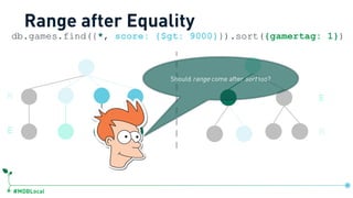 #MDBLocal
R
E R
E
Range after Equality
db.games.find({*, score: {$gt: 9000}}).sort({gamertag: 1})
Should range come after sort too?
 