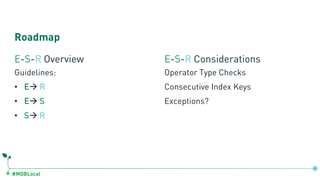 #MDBLocal
Roadmap
E-S-R Overview
Guidelines:
• Eà R
• Eà S
• Sà R
E-S-R Considerations
Operator Type Checks
Consecutive Index Keys
Exceptions?
 