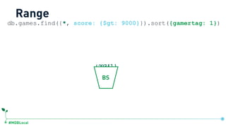 #MDBLocal
{2}{3}{1}
db.games.find({*, score: {$gt: 9000}}).sort({gamertag: 1})
Range
BS
 