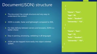 Document(JSON) structure
 The document has simple structure and very easy to
understand the content
 JSON is smaller, faster and lightweight compared to XML.
 For data delivery between servers and browsers, JSON is a
better choice
 Easy in parsing, processing, validating in all languages
 JSON can be mapped more easily into object oriented
system.
 [
 {
 "Name": "Tom",
 "Age": 30,
 "Role": "Student",
 "University": "CU",
}
{
 "Name": “Sam",
 "Age": 32,
 "Role": "Student",
 "University": “OU",
}
]
 