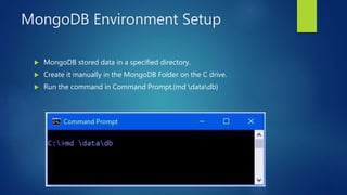 MongoDB Environment Setup
 MongoDB stored data in a specified directory.
 Create it manually in the MongoDB Folder on the C drive.
 Run the command in Command Prompt.(md datadb)
 