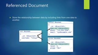 Referenced Document
 Store the relationship between data by including links from one data to
another.
 