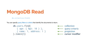 MongoDB Read
db.collection.find()
You can specify query filters or criteria that identify the documents to return.
 