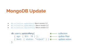 MongoDB Update
● db.collection.updateOne() New in version 3.2
● db.collection.updateMany() New in version 3.2
● db.collection.replaceOne() New in version 3.2
 
