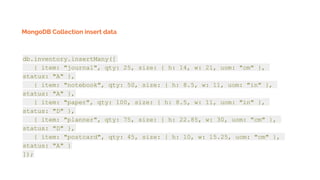 MongoDB Collection insert data
db.inventory.insertMany([
{ item: "journal", qty: 25, size: { h: 14, w: 21, uom: "cm" },
status: "A" },
{ item: "notebook", qty: 50, size: { h: 8.5, w: 11, uom: "in" },
status: "A" },
{ item: "paper", qty: 100, size: { h: 8.5, w: 11, uom: "in" },
status: "D" },
{ item: "planner", qty: 75, size: { h: 22.85, w: 30, uom: "cm" },
status: "D" },
{ item: "postcard", qty: 45, size: { h: 10, w: 15.25, uom: "cm" },
status: "A" }
]);
 
