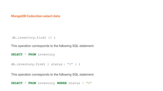 MongoDB Collection select data
db.inventory.find( {} )
This operation corresponds to the following SQL statement:
SELECT * FROM inventory
db.inventory.find( { status : "D" } )
This operation corresponds to the following SQL statement:
SELECT * FROM inventory WHERE status = "D"
 
