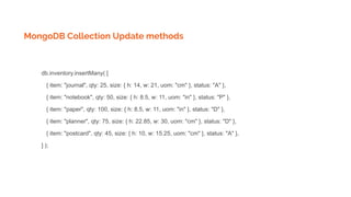 MongoDB Collection Update methods
db.inventory.insertMany( [
{ item: "journal", qty: 25, size: { h: 14, w: 21, uom: "cm" }, status: "A" },
{ item: "notebook", qty: 50, size: { h: 8.5, w: 11, uom: "in" }, status: "P" },
{ item: "paper", qty: 100, size: { h: 8.5, w: 11, uom: "in" }, status: "D" },
{ item: "planner", qty: 75, size: { h: 22.85, w: 30, uom: "cm" }, status: "D" },
{ item: "postcard", qty: 45, size: { h: 10, w: 15.25, uom: "cm" }, status: "A" },
] );
 