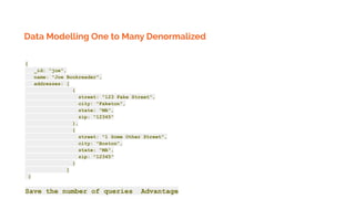 Data Modelling One to Many Denormalized
{
_id: "joe",
name: "Joe Bookreader",
addresses: [
{
street: "123 Fake Street",
city: "Faketon",
state: "MA",
zip: "12345"
},
{
street: "1 Some Other Street",
city: "Boston",
state: "MA",
zip: "12345"
}
]
}
Save the number of queries Advantage
 