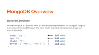 MongoDB Overview
Document Database
A record in MongoDB is a document, which is a data structure composed of field and value pairs. MongoDB
documents are similar to JSON objects. The values of fields may include other documents, arrays, and
arrays of documents.
 