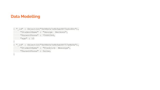 Data Modelling
{ "_id" : ObjectId("5b98bfe7e8b9ab9875e4c80c"),
"StudentName" : "George Beckonn",
"ParentPhone" : 75646344,
"age" : 10
}
{ "_id" : ObjectId("5b98bfe7e8b9ab98757e8b9a"),
"StudentName" : "Fredrick Wesonga",
"ParentPhone" : false,
}
 