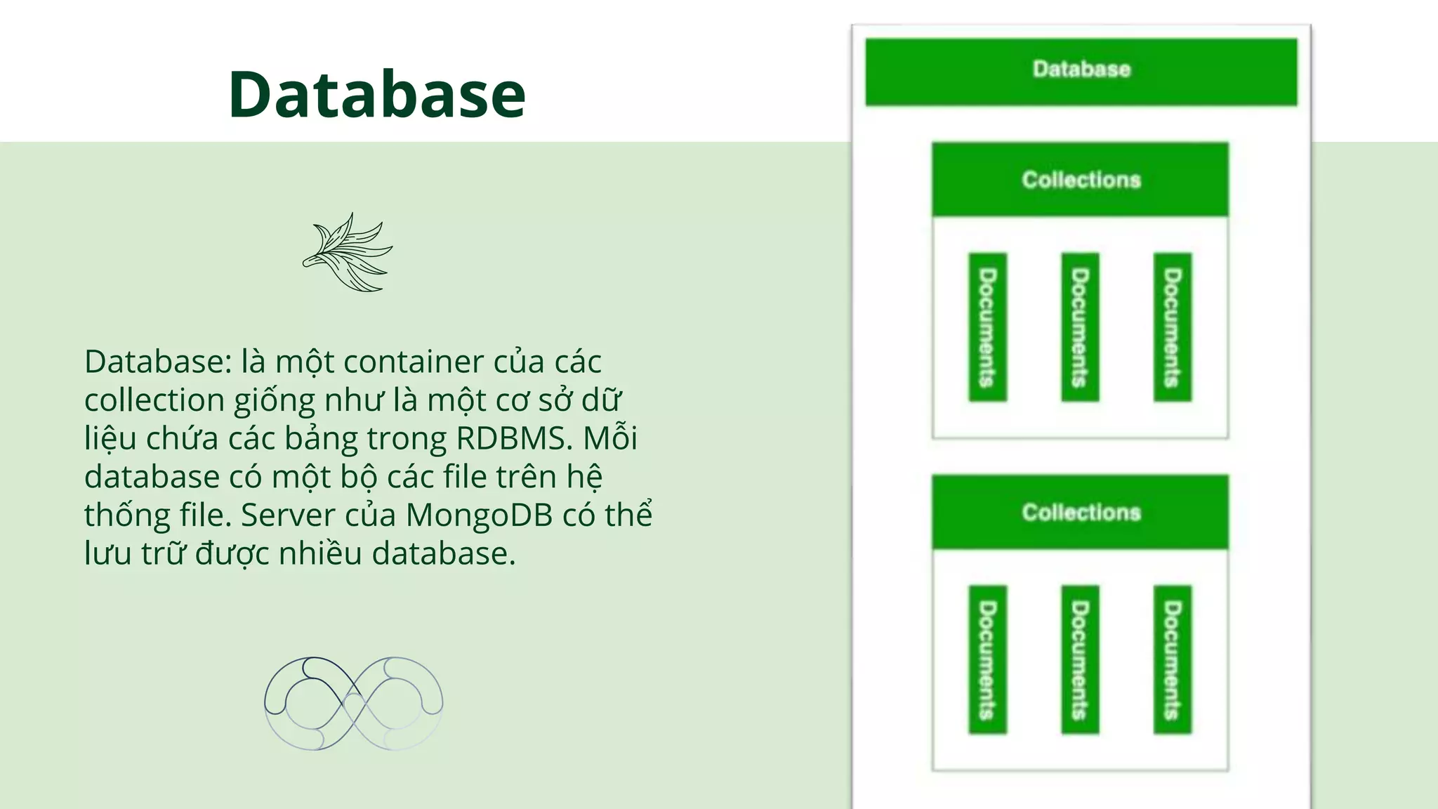 Database: là một container của các
collection giống như là một cơ sở dữ
liệu chứa các bảng trong RDBMS. Mỗi
database có một bộ các file trên hệ
thống file. Server của MongoDB có thể
lưu trữ được nhiều database.
Database
 