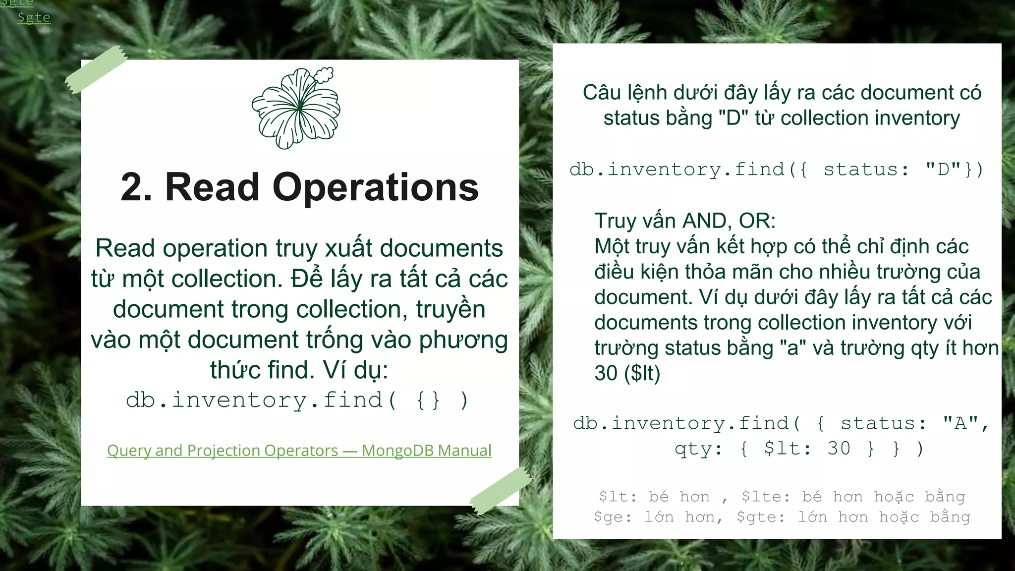 2. Read Operations
Read operation truy xuất documents
từ một collection. Để lấy ra tất cả các
document trong collection, truyền
vào một document trống vào phương
thức find. Ví dụ:
db.inventory.find( {} )
Query and Projection Operators — MongoDB Manual
Câu lệnh dưới đây lấy ra các document có
status bằng "D" từ collection inventory
db.inventory.find({ status: "D"})
Truy vấn AND, OR:
Một truy vấn kết hợp có thể chỉ định các
điều kiện thỏa mãn cho nhiều trường của
document. Ví dụ dưới đây lấy ra tất cả các
documents trong collection inventory với
trường status bằng "a" và trường qty ít hơn
30 ($lt)
db.inventory.find( { status: "A",
qty: { $lt: 30 } } )
$lt: bé hơn , $lte: bé hơn hoặc bằng
$ge: lớn hơn, $gte: lớn hơn hoặc bằng
$gte
$gte
 