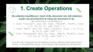 db.collection.insertMany(): insert nhiều document vào một collection,
truyền vào phương thức là mảng các document.Ví dụ:
d...