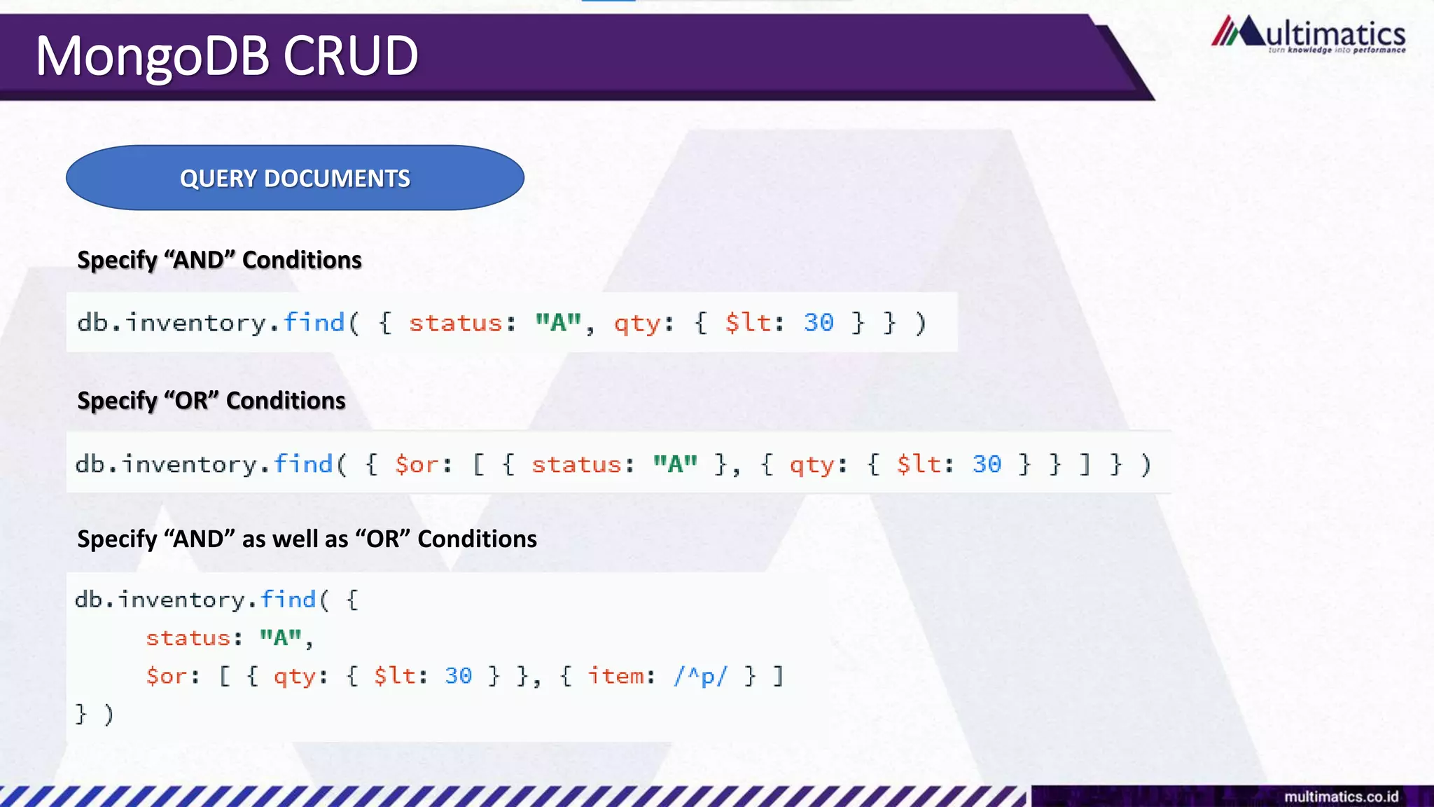MongoDB CRUD
QUERY DOCUMENTS
Specify “AND” Conditions
Specify “OR” Conditions
Specify “AND” as well as “OR” Conditions
 