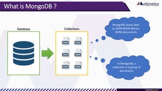 What is MongoDB ?
Database Collections
MongoDB stores data
as JSON/BSON (Binary
JSON) documents
In MongoDB, a
collection is a group of
documents
 
