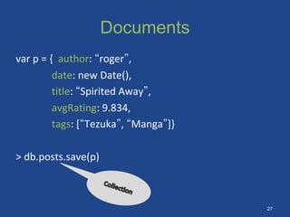 Documents
var p = { author: “roger”,
date: new Date(),
title: “Spirited Away”,
avgRating: 9.834,
tags: [“Tezuka”, “Manga”]}
> db.posts.save(p)
27
 