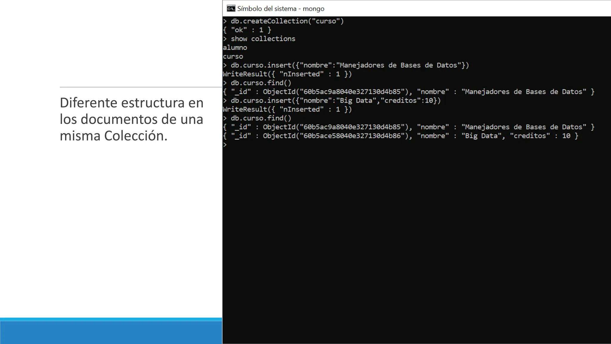 Diferente estructura en
los documentos de una
misma Colección.
 