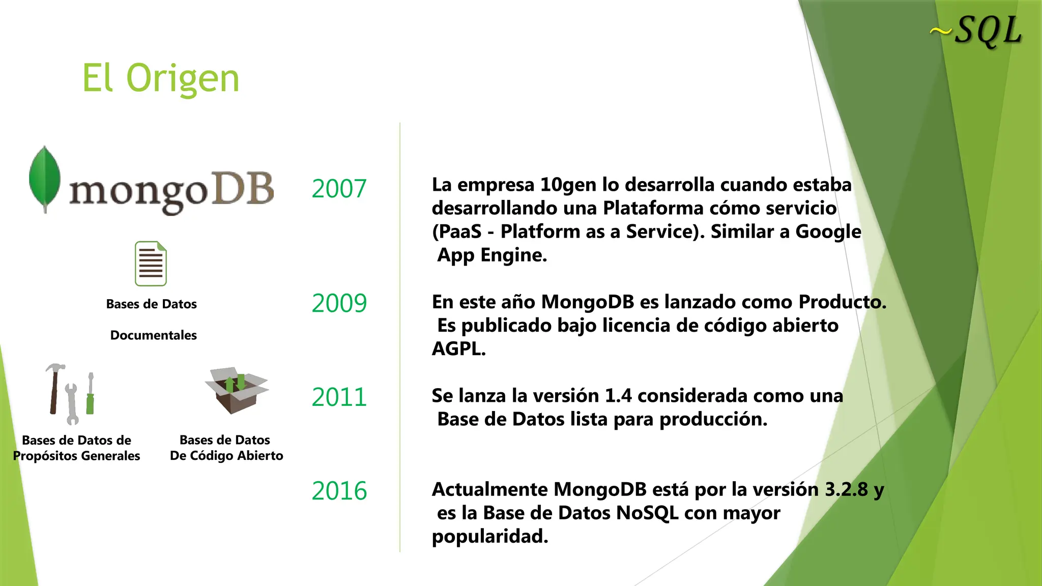 El Origen
2007
2009
2011
2016
La empresa 10gen lo desarrolla cuando estaba
desarrollando una Plataforma cómo servicio
(PaaS - Platform as a Service). Similar a Google
App Engine.
En este año MongoDB es lanzado como Producto.
Es publicado bajo licencia de código abierto
AGPL.
Se lanza la versión 1.4 considerada como una
Base de Datos lista para producción.
Actualmente MongoDB está por la versión 3.2.8 y
es la Base de Datos NoSQL con mayor
popularidad.
Bases de Datos de
Propósitos Generales
Bases de Datos
Documentales
Bases de Datos
De Código Abierto
 