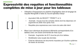 Expressivité des requêtes et fonctionnalités
complètes de mise à jour pour les tableaux
• Utilisation d'expressions du pipeline d'agrégation dans le langage de
requête MongoDB à l'aide du nouvel opérateur $expr
• équivalent SQL de SELECT * FROM T1 a> b
• Exemple : trouver tous les comptes clients dont les dépenses ont
augmenté de 200$ mois après mois
• Requêtes plus expressives avec moins de code côté client
• Mise à jour atomique de plusieurs éléments correspondants d'un
tableau avec une seule commande de mise à jour
• Exemple : Augmenter de 20 % tous les prix d'un tableau
• Modélisation plus souple des données
• Évite les réécritures de documents imposées par d'autres systèmes
de bases de données
[ ]
 