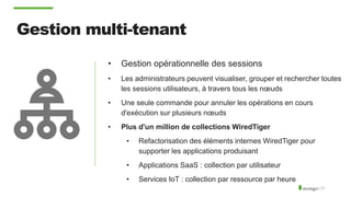 Gestion multi-tenant
• Gestion opérationnelle des sessions
• Les administrateurs peuvent visualiser, grouper et rechercher toutes
les sessions utilisateurs, à travers tous les nœuds
• Une seule commande pour annuler les opérations en cours
d'exécution sur plusieurs nœuds
• Plus d'un million de collections WiredTiger
• Refactorisation des éléments internes WiredTiger pour
supporter les applications produisant
• Applications SaaS : collection par utilisateur
• Services IoT : collection par ressource par heure
 